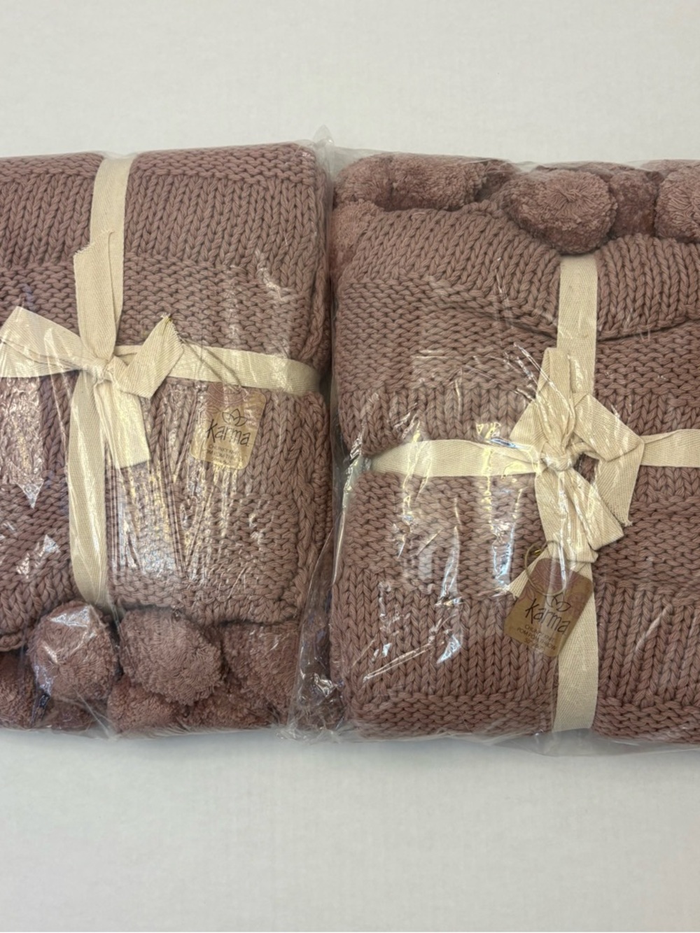 Lot of 2 Karma Chunky Knit Pom Pom Throw Blanket 50 x 60 in Mauve
